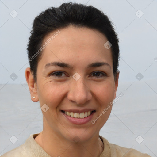 Joyful white young-adult female with short  brown hair and brown eyes