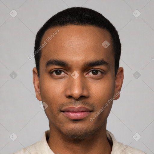 Neutral latino young-adult male with short  black hair and brown eyes