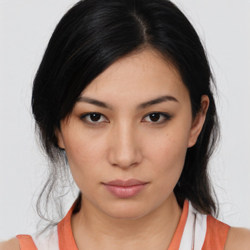 Neutral asian young-adult female with medium  brown hair and brown eyes