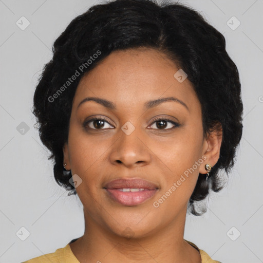 Joyful latino young-adult female with medium  black hair and brown eyes