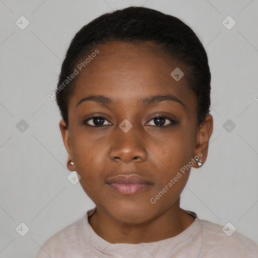 Neutral black young-adult female with short  black hair and brown eyes