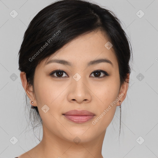 Joyful asian young-adult female with medium  brown hair and brown eyes