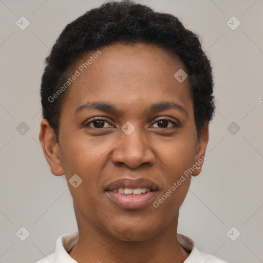 Joyful black young-adult female with short  black hair and brown eyes