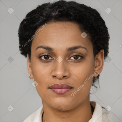 Joyful latino young-adult female with short  black hair and brown eyes