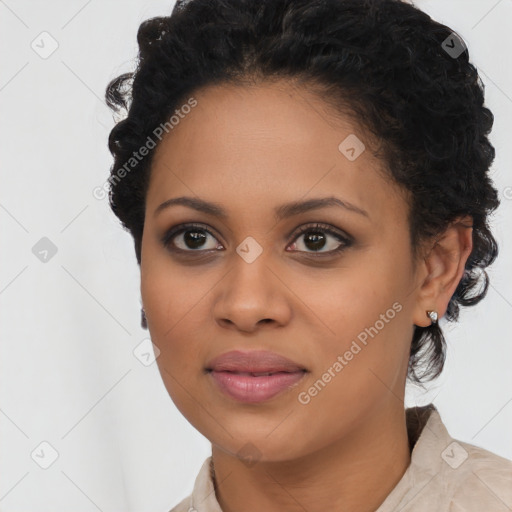 Joyful latino young-adult female with short  black hair and brown eyes