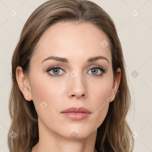 Neutral white young-adult female with long  brown hair and grey eyes