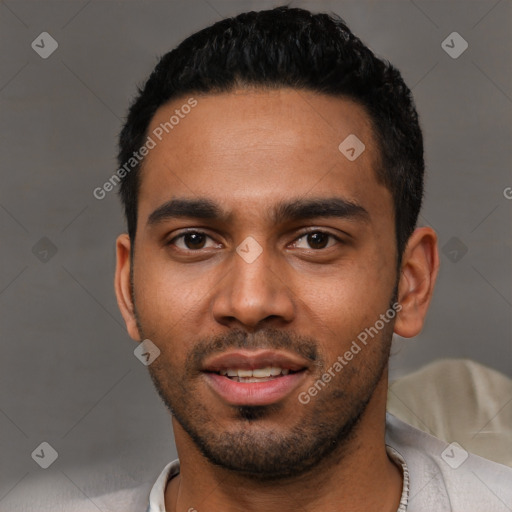 Neutral latino young-adult male with short  black hair and brown eyes