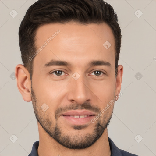 Joyful white young-adult male with short  brown hair and brown eyes