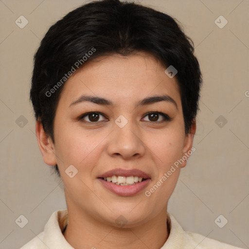 Joyful asian young-adult female with short  brown hair and brown eyes