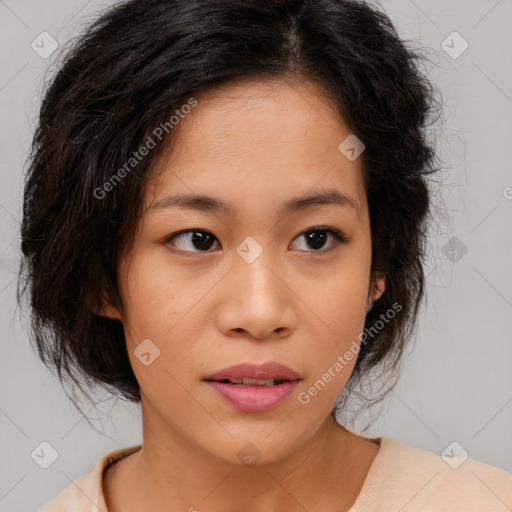 Neutral asian young-adult female with medium  brown hair and brown eyes