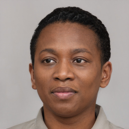Neutral black young-adult female with short  black hair and brown eyes