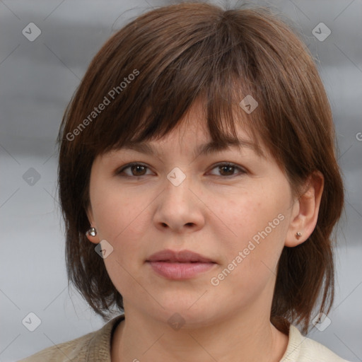 Neutral white young-adult female with medium  brown hair and brown eyes