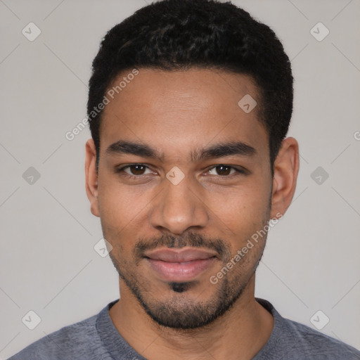 Neutral latino young-adult male with short  black hair and brown eyes