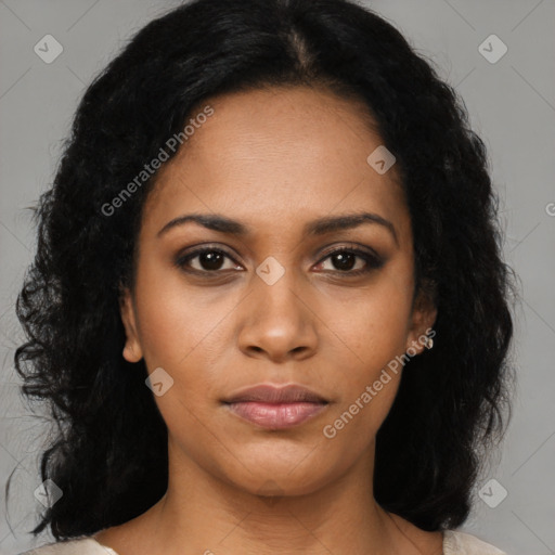 Joyful black young-adult female with medium  black hair and brown eyes