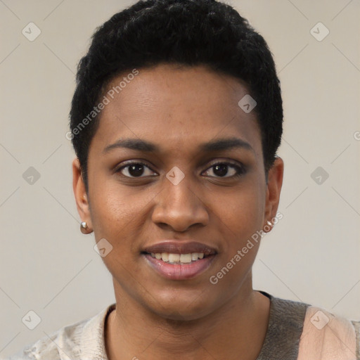 Joyful black young-adult female with short  black hair and brown eyes