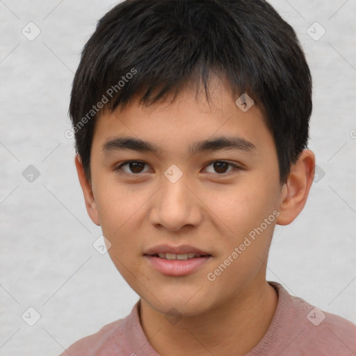 Joyful asian child male with short  brown hair and brown eyes