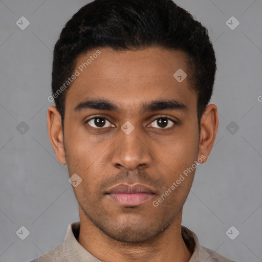 Neutral latino young-adult male with short  black hair and brown eyes