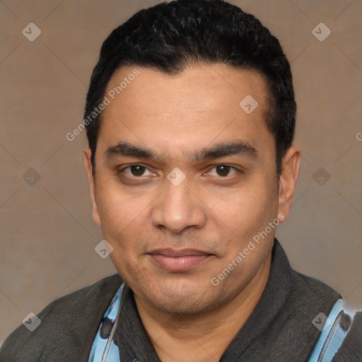 Joyful white young-adult male with short  black hair and brown eyes