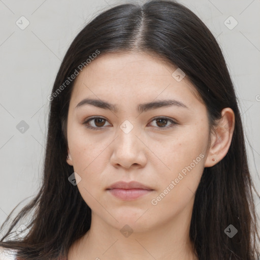 Neutral white young-adult female with long  brown hair and brown eyes