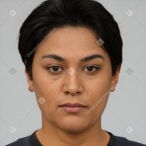 Neutral latino young-adult female with short  black hair and brown eyes