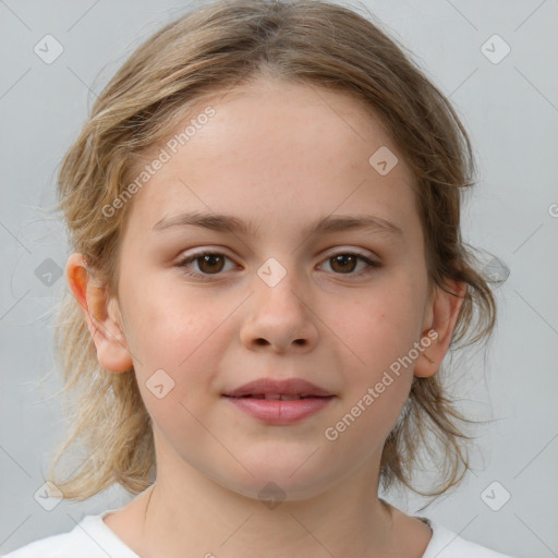 Joyful white child female with medium  brown hair and brown eyes