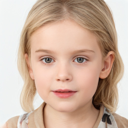 Neutral white child female with medium  brown hair and blue eyes