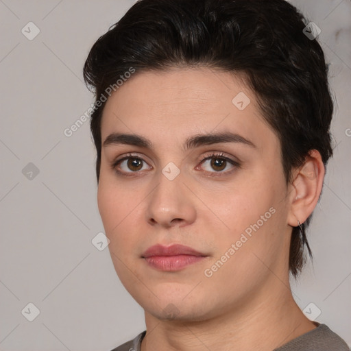 Joyful white young-adult female with medium  brown hair and brown eyes