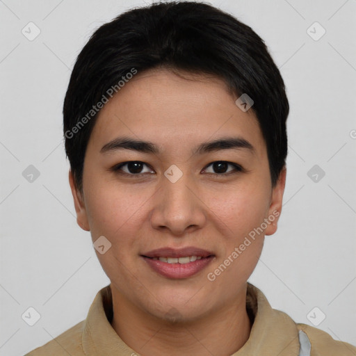 Joyful asian young-adult female with short  brown hair and brown eyes