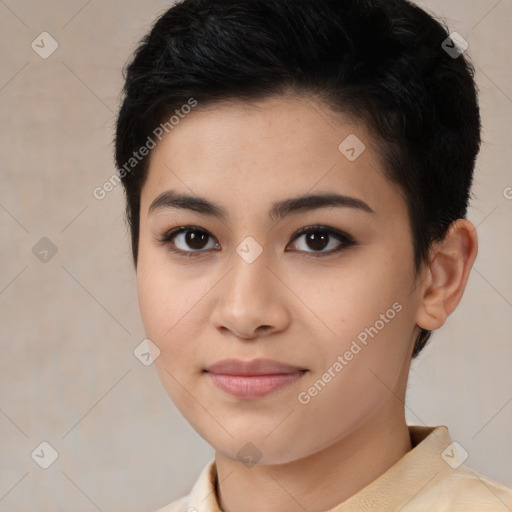 Joyful asian young-adult female with short  black hair and brown eyes