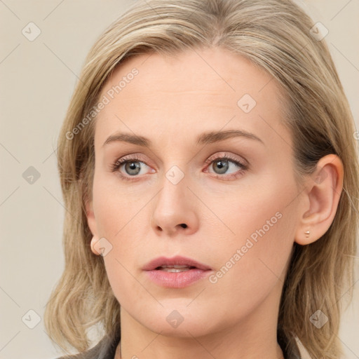 Neutral white young-adult female with long  brown hair and grey eyes