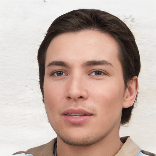 Neutral white young-adult male with short  brown hair and brown eyes