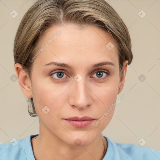 Neutral white young-adult female with short  brown hair and grey eyes