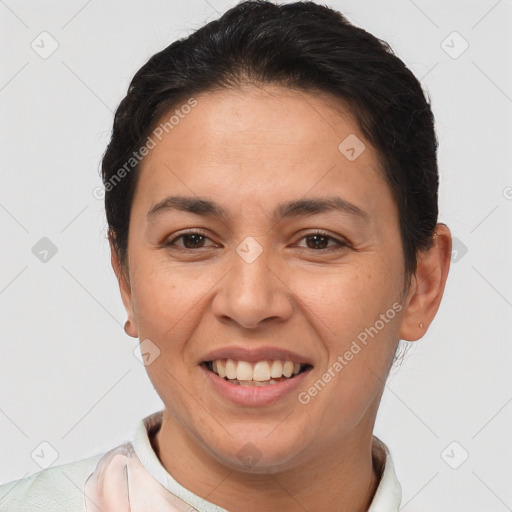 Joyful white young-adult female with short  brown hair and brown eyes