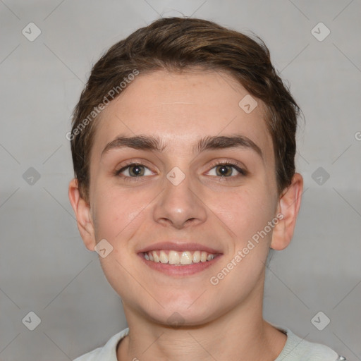 Joyful white young-adult female with short  brown hair and grey eyes