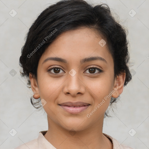 Joyful latino young-adult female with medium  brown hair and brown eyes