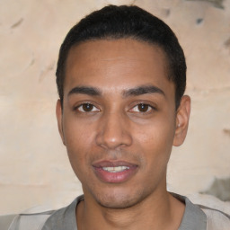 Neutral white young-adult male with short  black hair and brown eyes