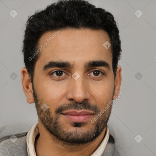 Neutral latino young-adult male with short  black hair and brown eyes