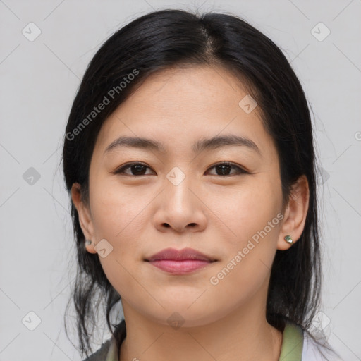 Joyful asian young-adult female with medium  brown hair and brown eyes