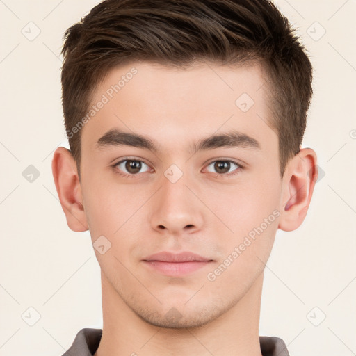 Neutral white young-adult male with short  brown hair and brown eyes