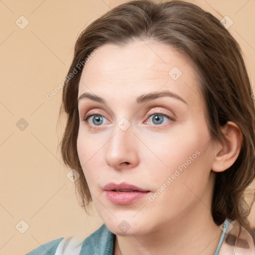 Neutral white young-adult female with medium  brown hair and grey eyes