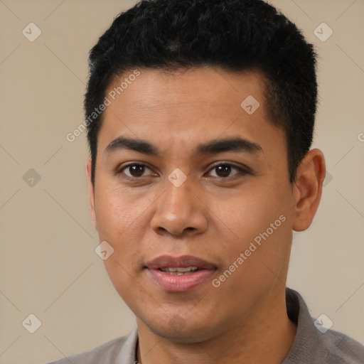 Joyful latino young-adult male with short  black hair and brown eyes