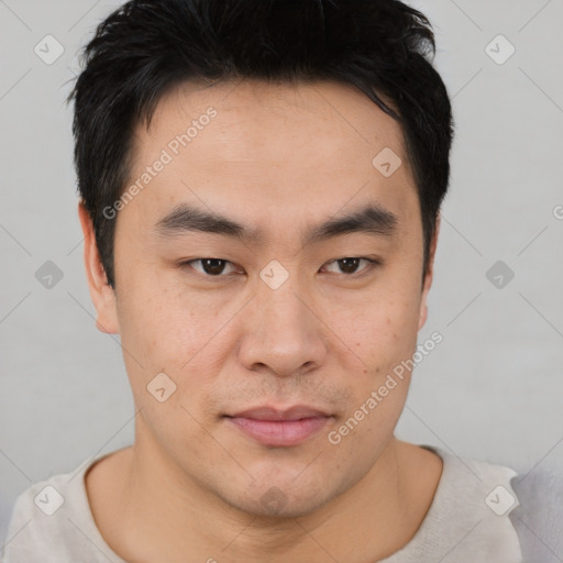 Neutral asian young-adult male with short  brown hair and brown eyes