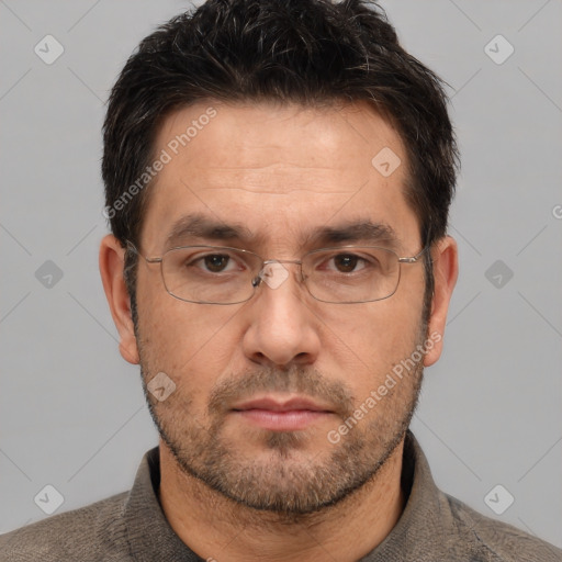 Neutral white adult male with short  brown hair and brown eyes