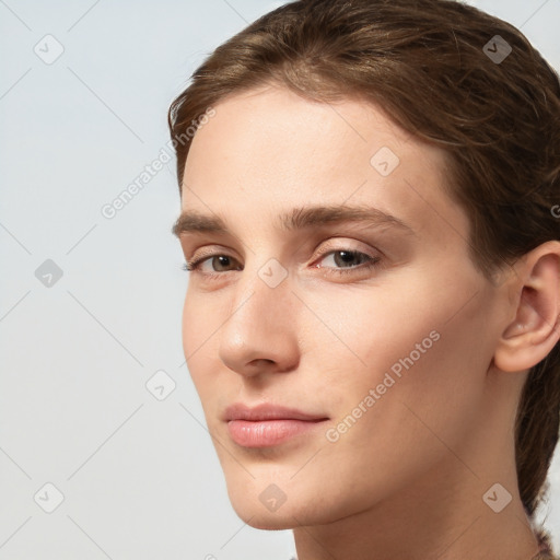 Neutral white young-adult female with medium  brown hair and brown eyes