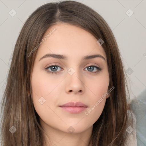 Neutral white young-adult female with long  brown hair and brown eyes