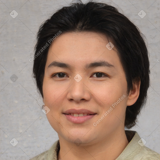 Joyful asian young-adult female with short  brown hair and brown eyes