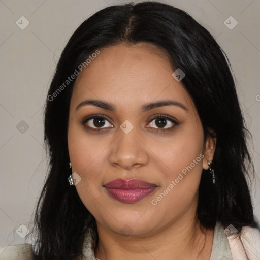 Joyful latino young-adult female with long  black hair and brown eyes