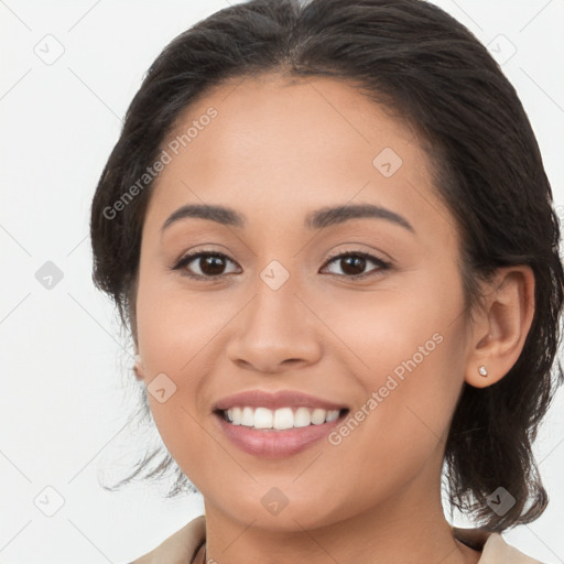 Joyful white young-adult female with long  brown hair and brown eyes