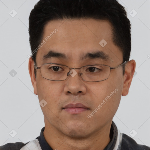 Neutral asian young-adult male with short  brown hair and brown eyes