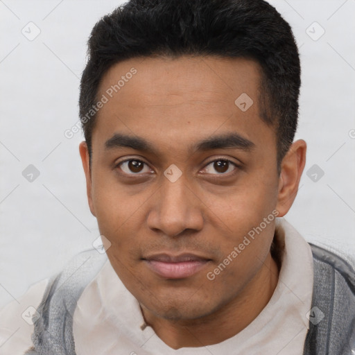 Neutral asian young-adult male with short  black hair and brown eyes